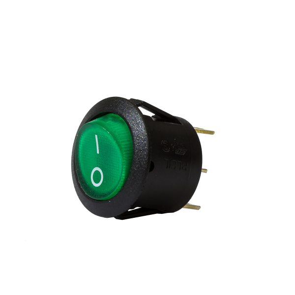 Green Illuminating Round Rocker Switch, On/Off, 20mm Diameter, 10Amps at 12V, Bulk Qty 1