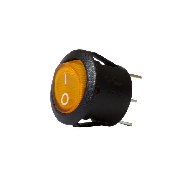 Amber Illuminating Round Rocker Switch, On/Off, 20mm Diameter, 10Amps at 12V, Retail Blister Qty 1