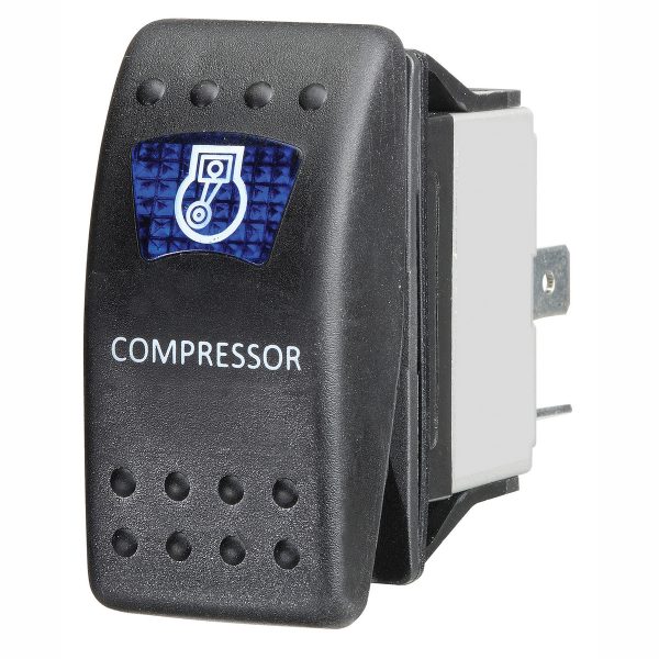 Blue LED 'Air Compressor' Sealed Rocker Switch, On/Off, 16Amps at 12V, Bulk Qty 1